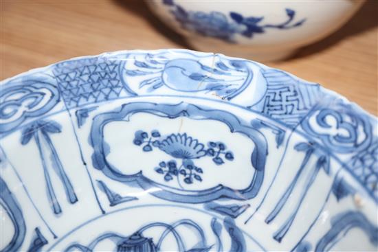 A Chinese blue and white kraak bowl, c.1640 and a 19th century Chinese blue and white bowl largest diameter 15.5cm